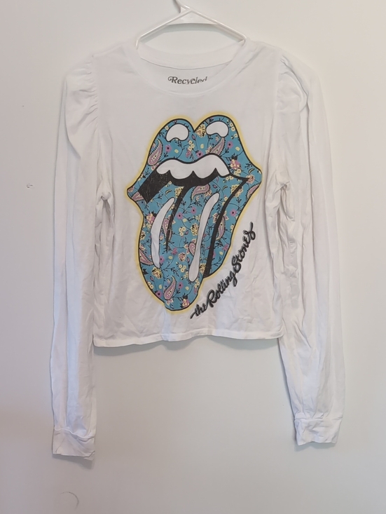 Recycled Karma Tops - Recycled Karma White Long Sleeve Cropped Length Rolling Stones Tee Flawed Xs